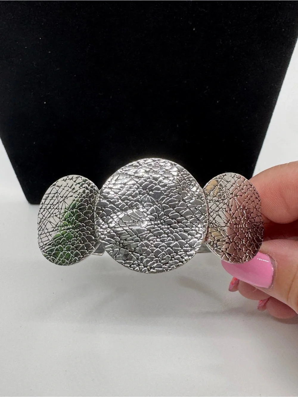 Textured Silver Three-Circle Statement Cuff Bracelet